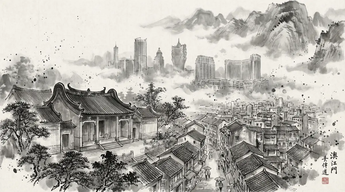 澳门娱乐城水墨国风全景画卷展现澳门古老街巷与现代酒店建筑群