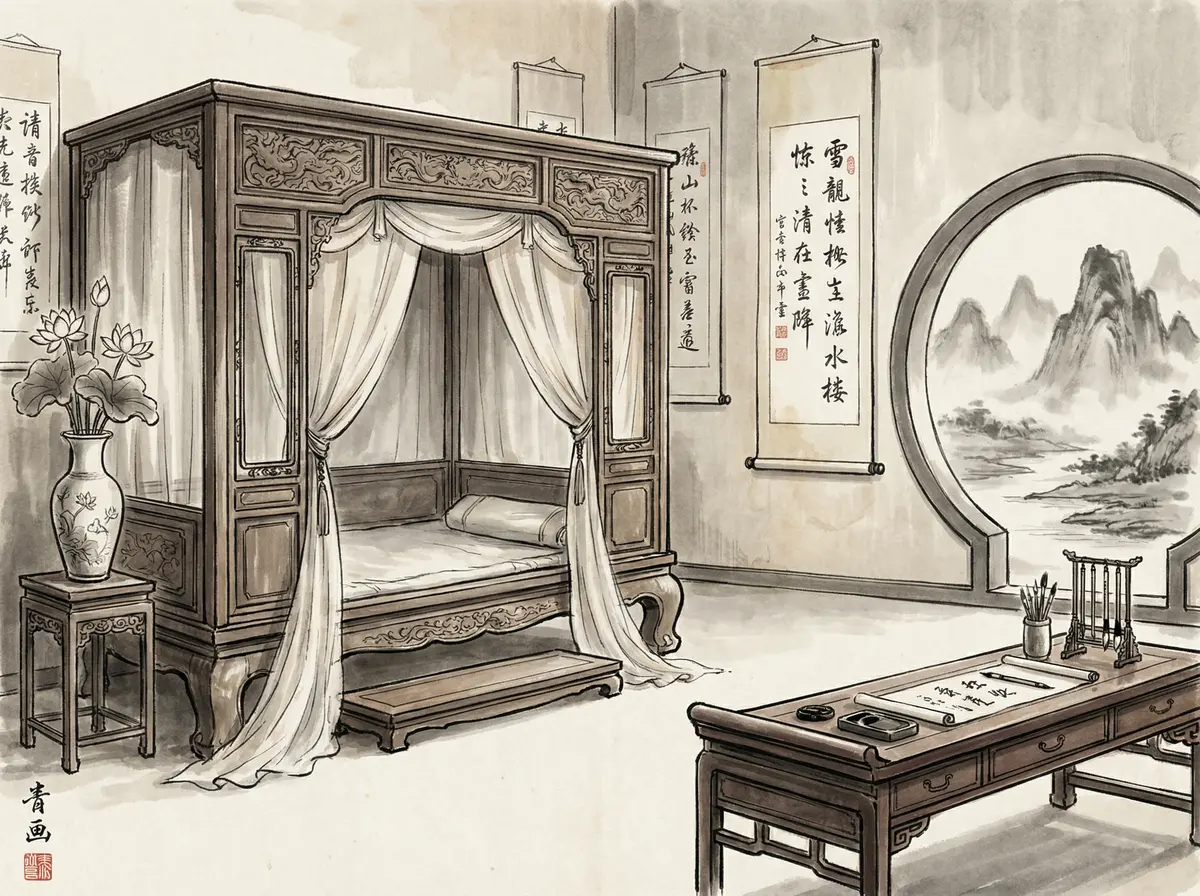 澳门娱乐城水墨主题豪华客房内景展示红木家具与书法挂轴