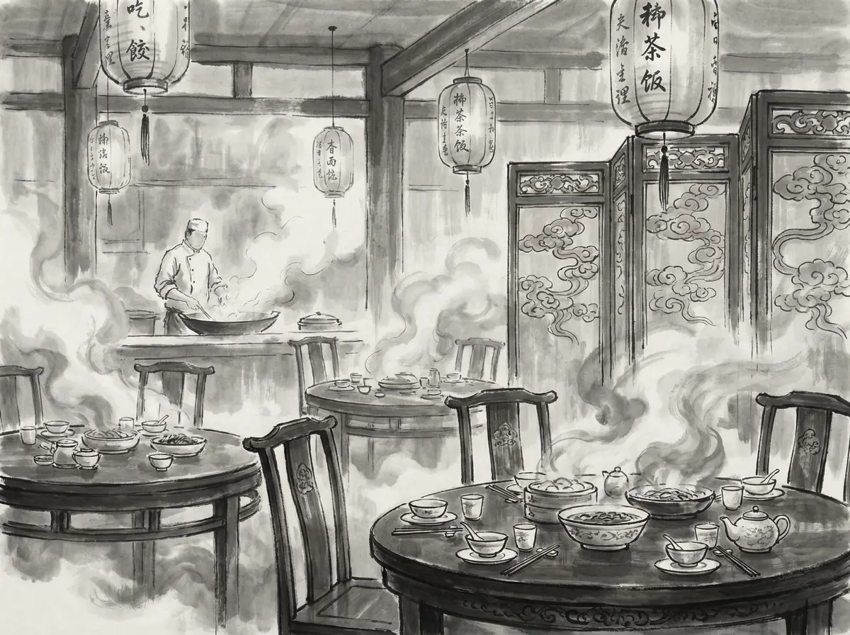 澳门娱乐城墨香食府水墨风格中餐厅内景展示传统瓷器餐具与雕花屏风