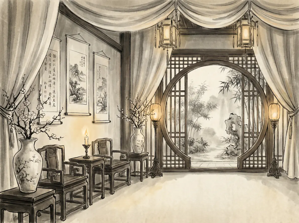 澳门娱乐城丝绸帷幔园林景观客房展示月洞门与竹林景致