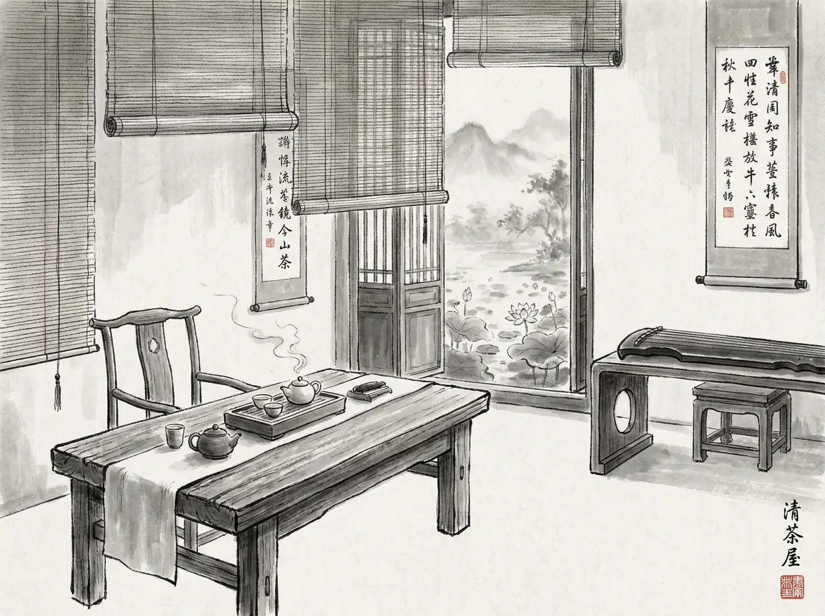 澳门娱乐城听雨轩茶室水墨画风格展示功夫茶具与古琴
